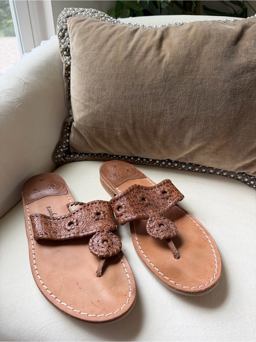 Jack Rogers Tan Woven Leather Toe-Post Sandals